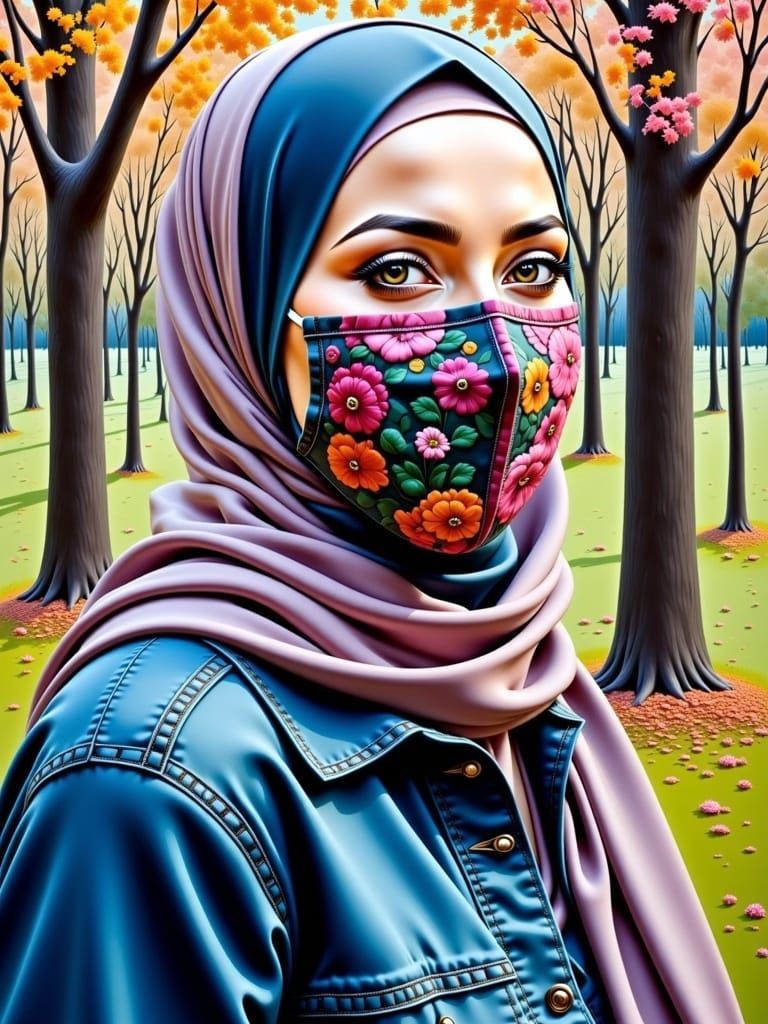 European Student in Hijab and Mask: Oil-Guache Portrait