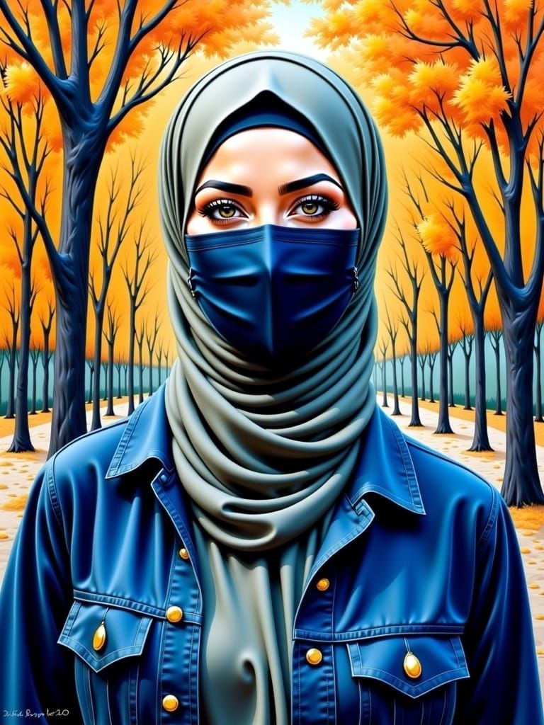 Masked Beauty in City Park: Oil Gouache Portrait