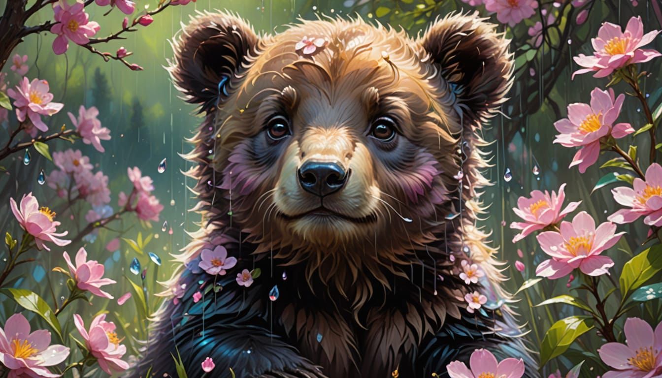 Adorable Baby Bear Amidst Spring Blossoms