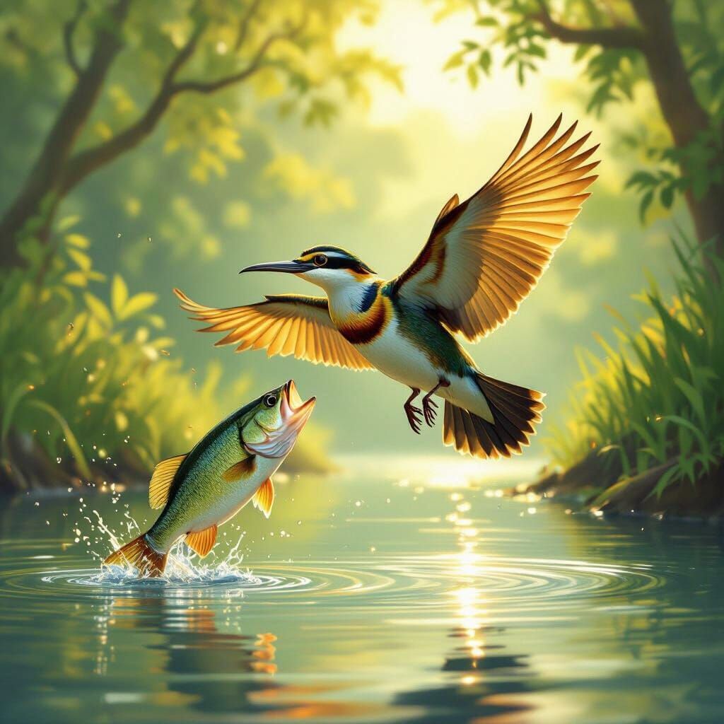 Sunbittern Bird Catches Largemouth Bass Over River