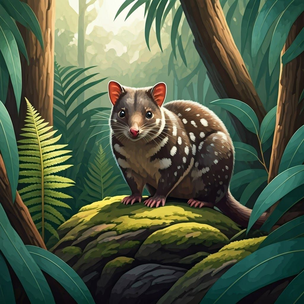Australian Quoll in a Lush Forest Landscape, in Gouache Styl...