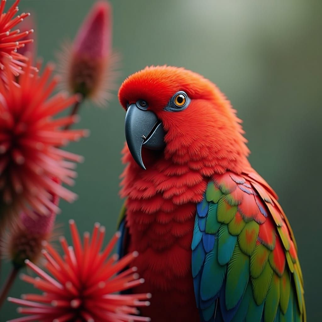 Rosella Parrot Amidst Red Bottlebrush Flowers