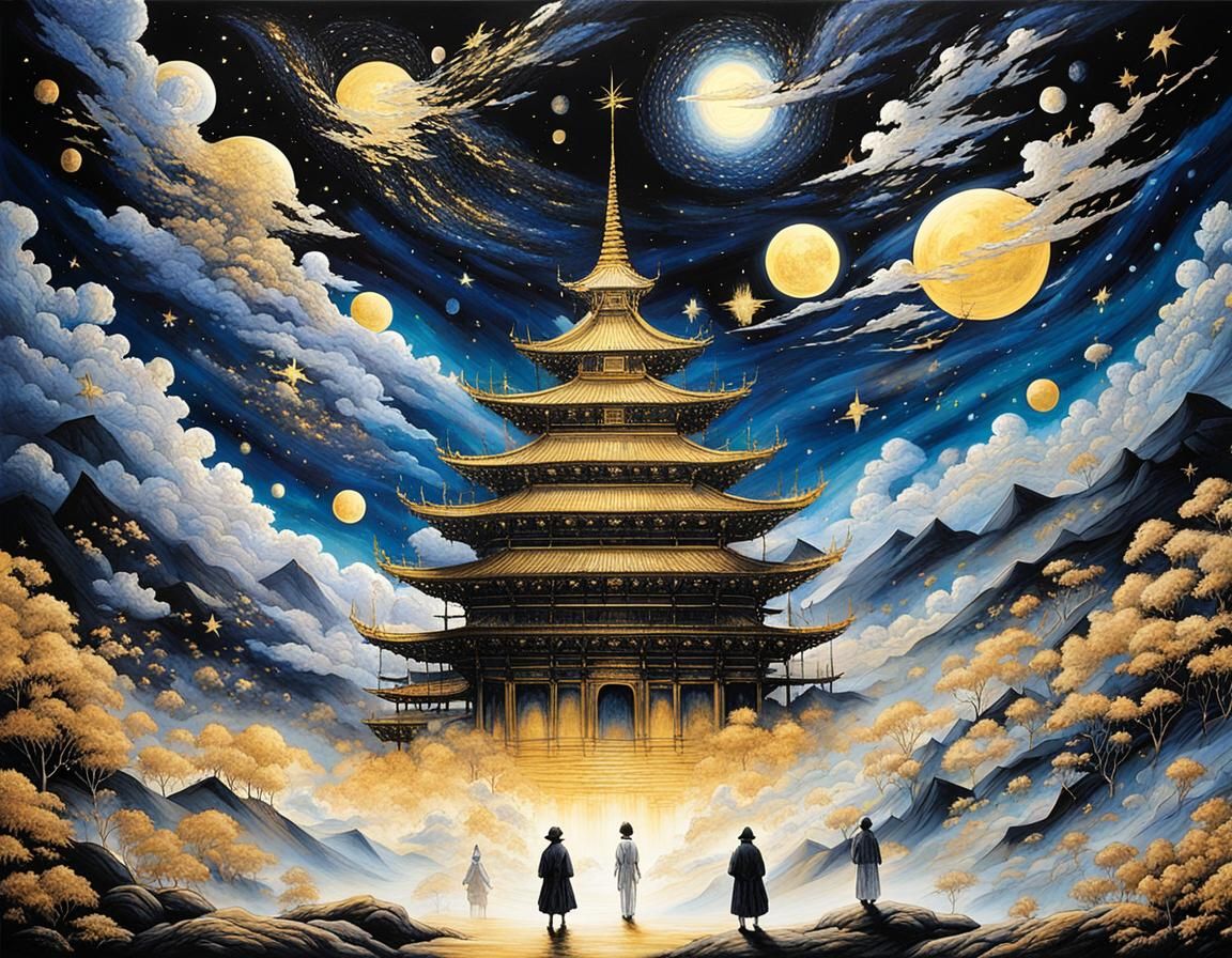 Celestial Beings in Cosmic Dreamscape Painting