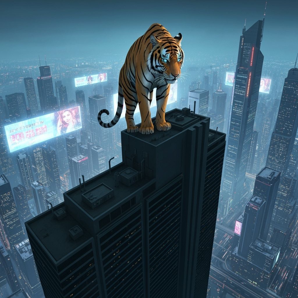 Bioluminescent Tiger Overlooking Cyberpunk Cityscape