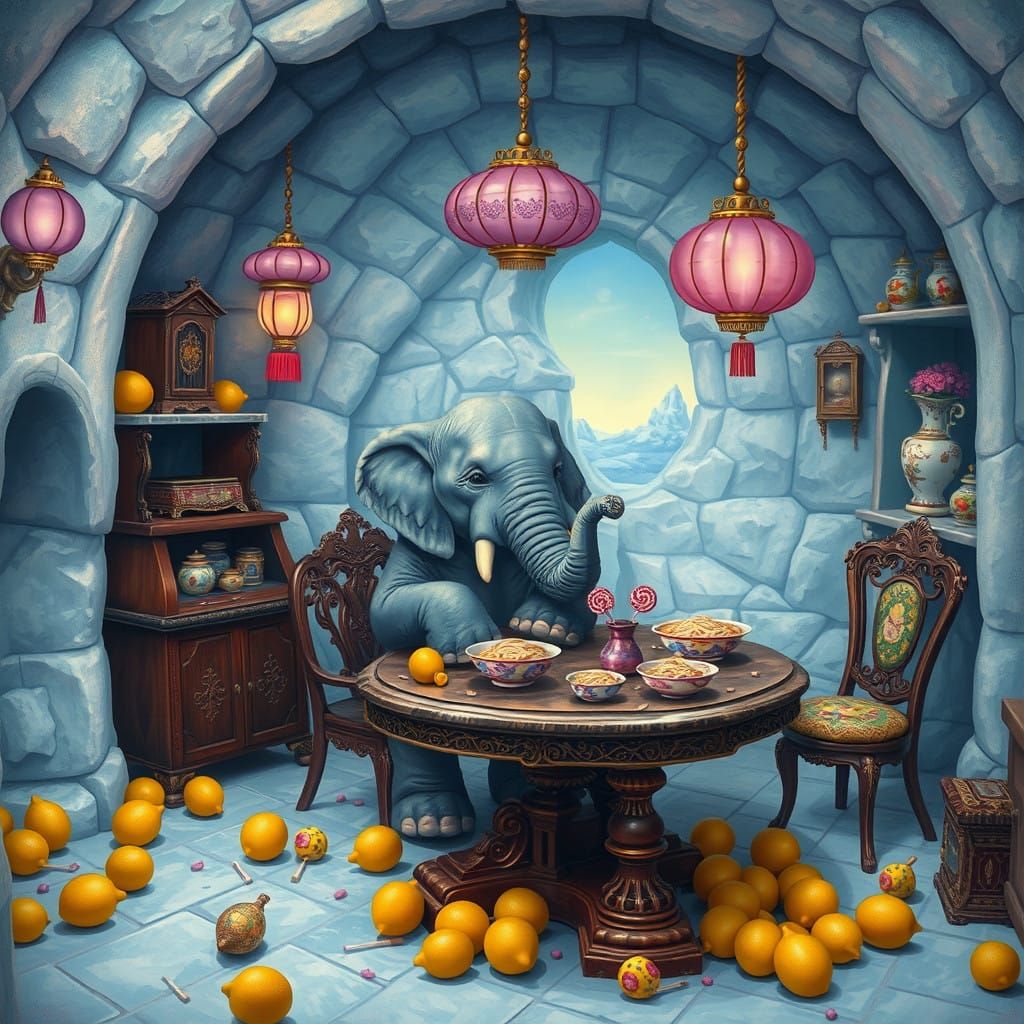 Surreal Elephant in Whimsical Igloo Room