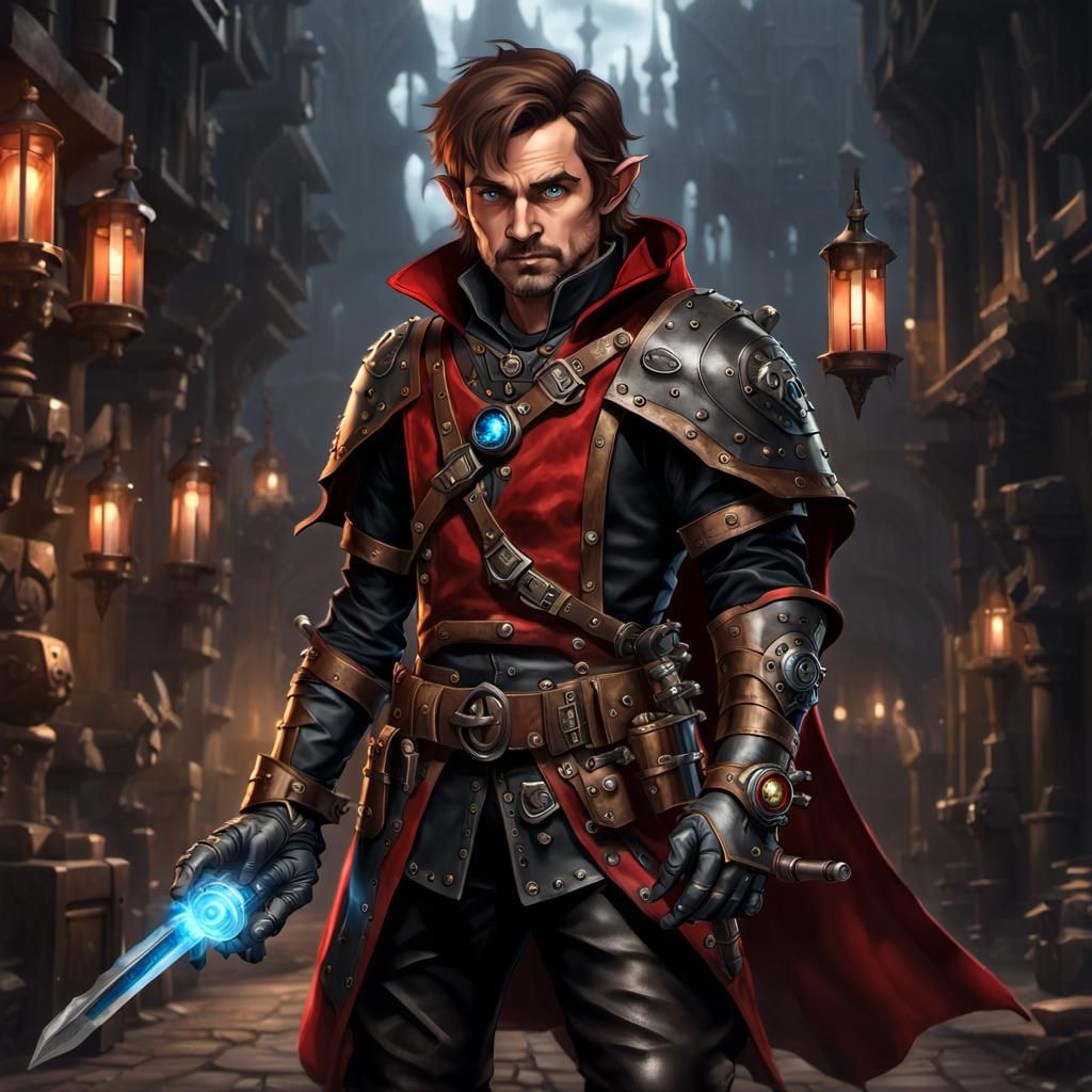 Steampunk Halfling Rogue Artificer with Mechanical Arm