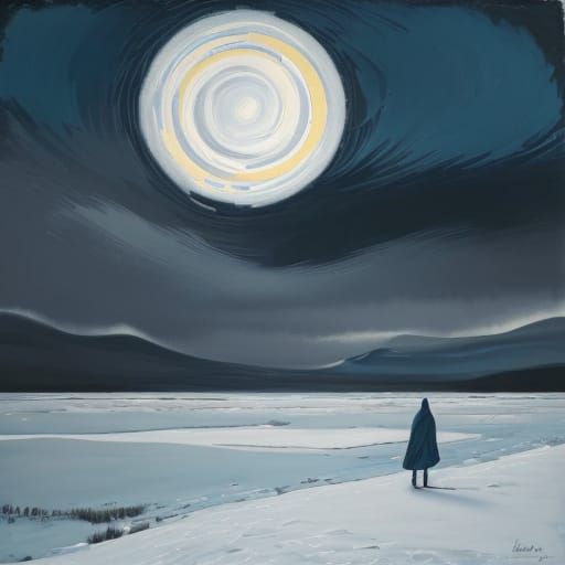 Solitary Figure in Snowy Landscape Gouache Painting