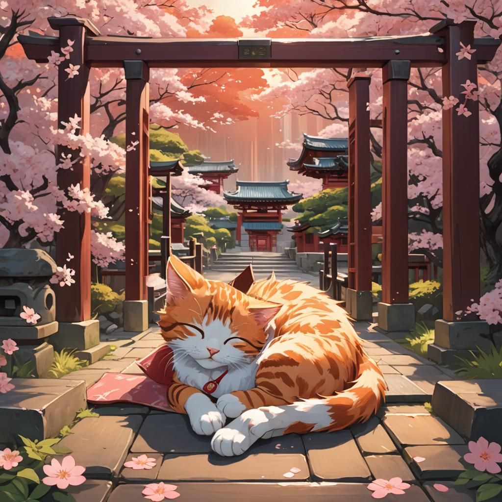 Kitten Sleeping at Torii Gate in Anime Style