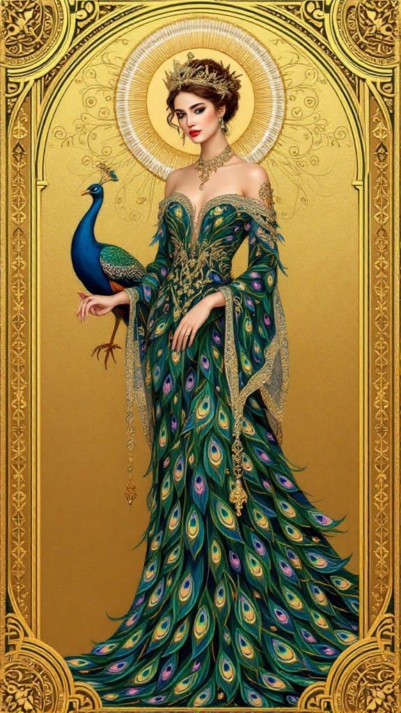 Regal Peacock Queen with Ornate Headdress in Russian Iconic....