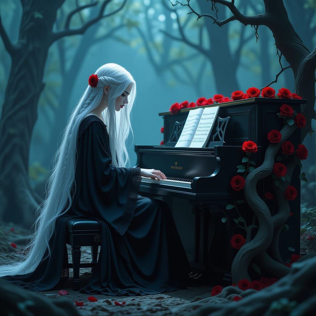 Dark Fantasy: Figure at a Gnarled Wood Piano