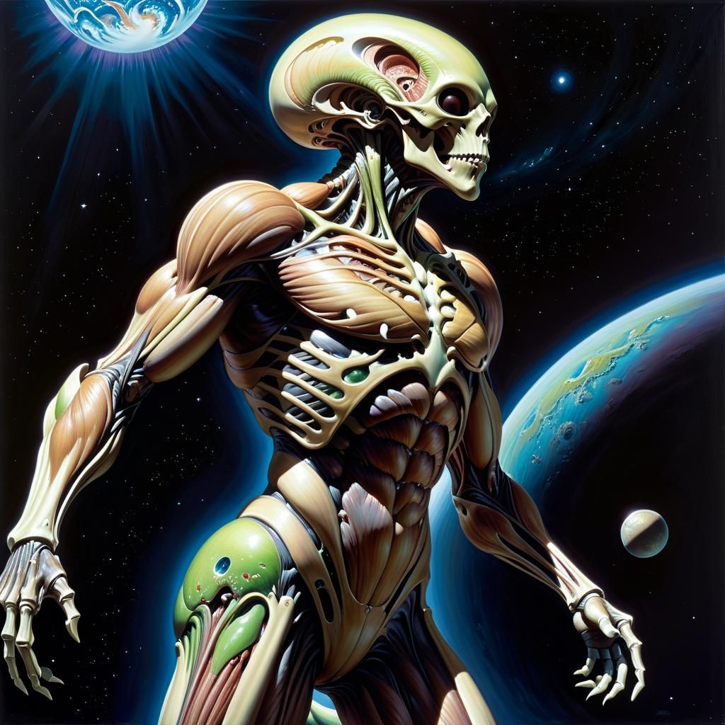 Decaying Space Giant in Romantic Anatomical Oil Painting