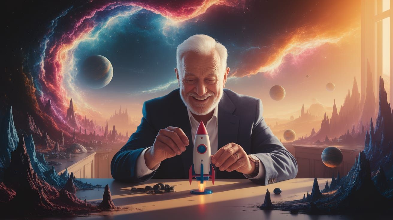 Elderly Man's Joyful Rocket Dream in Impressionistic Style