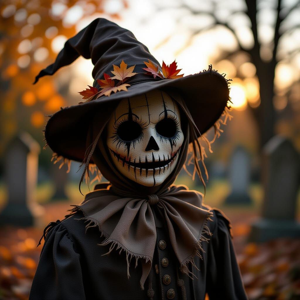 Hollow-Eyed Scarecrow Rises in Autumn Graveyard