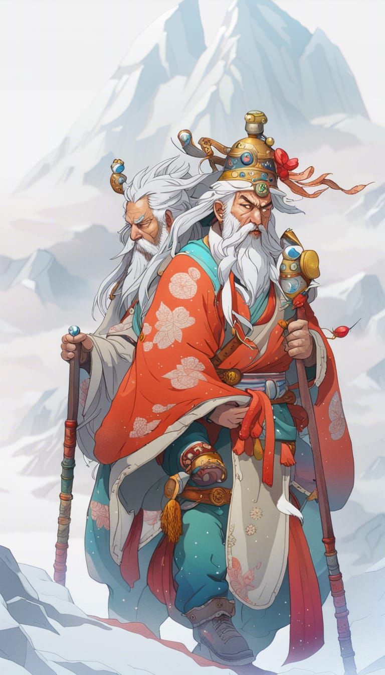 Jurojin Walks Snowy Mountains: Hyperdetailed Concept Art