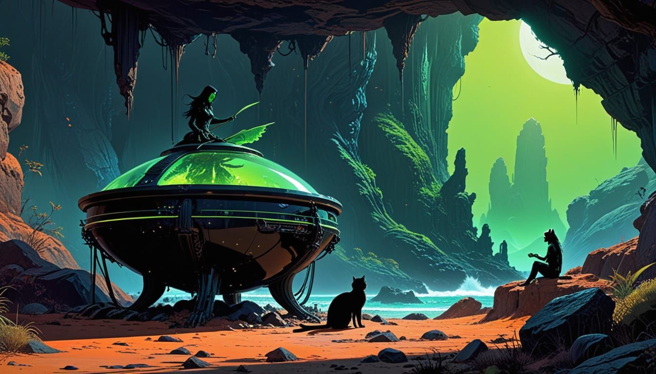 Two Witches Stir Cauldron With Cat and Iguana Watching