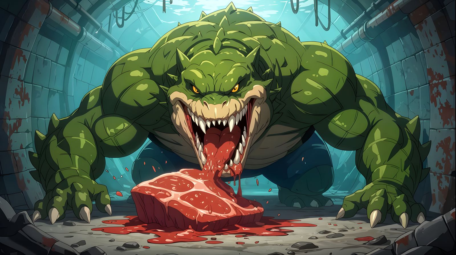 Anime Killer Croc in Sewer, Studio Trigger Style