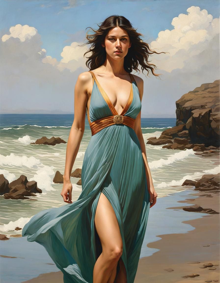 Beautiful Woman on Beach: Hyperrealistic Digital Portrait