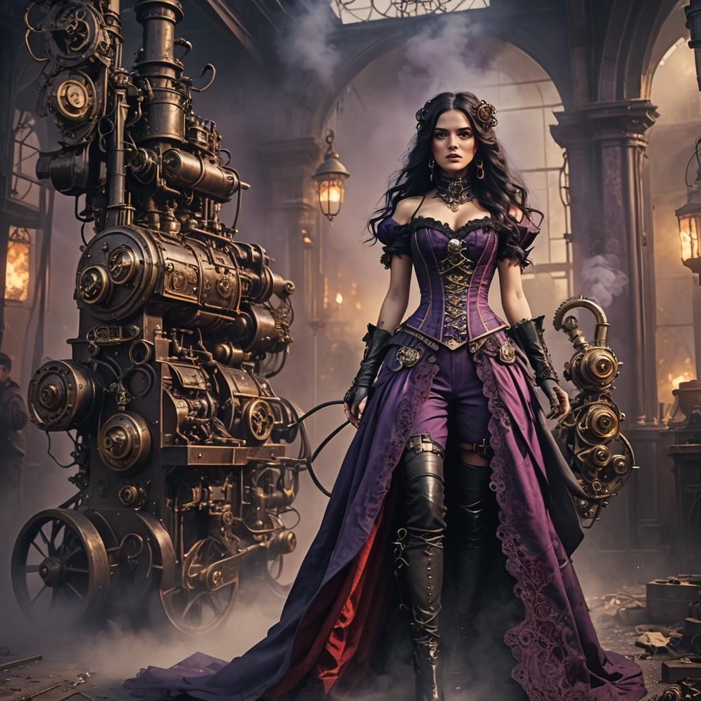 Steampunk Woman in Corset Dress with Gadgets