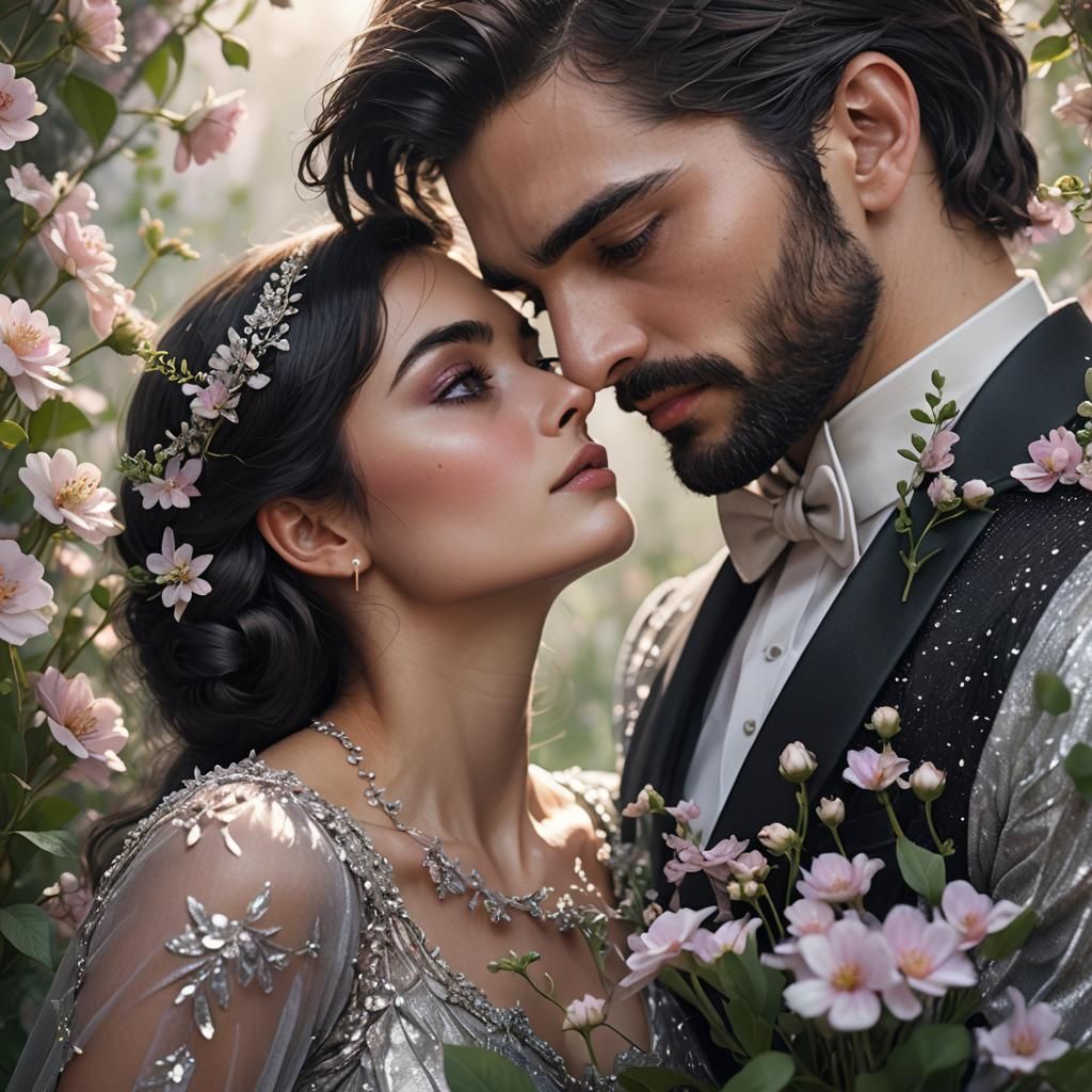 Romantic Garden Kiss: A Matte Painting of a Couple