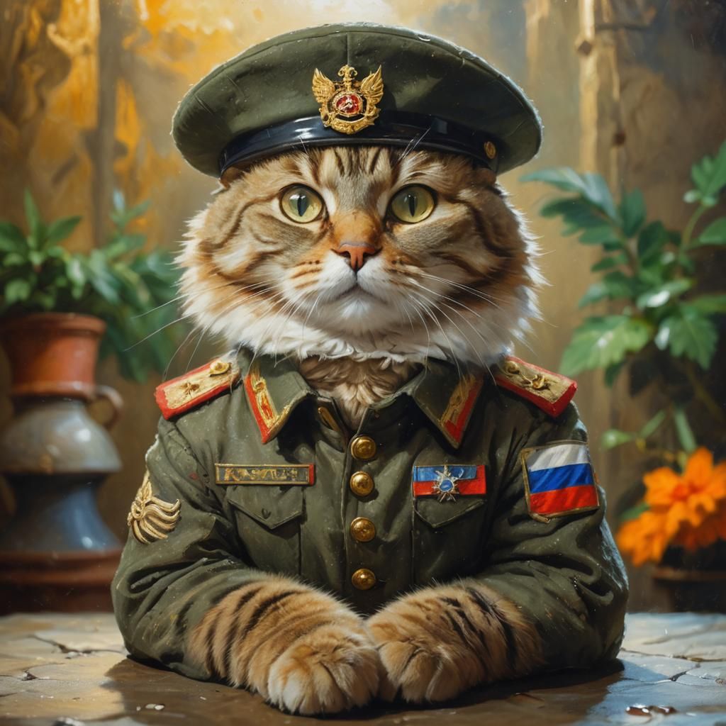 Renaissance Cat Soldier Portrait in Stone Chamber