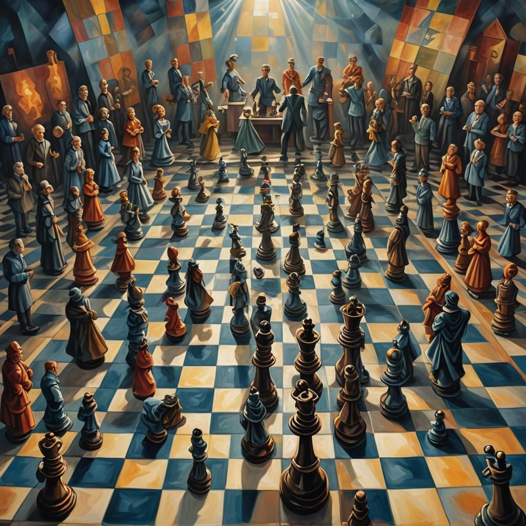 Chess Dancers: Surreal Triadic Oil Painting