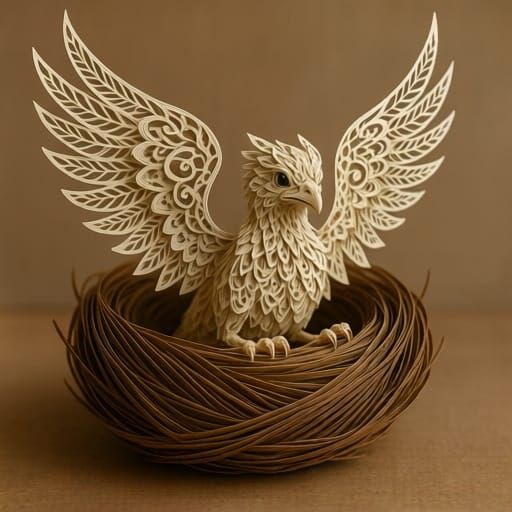 Filigree Griffin Hatchling in Quilled Paper Nest