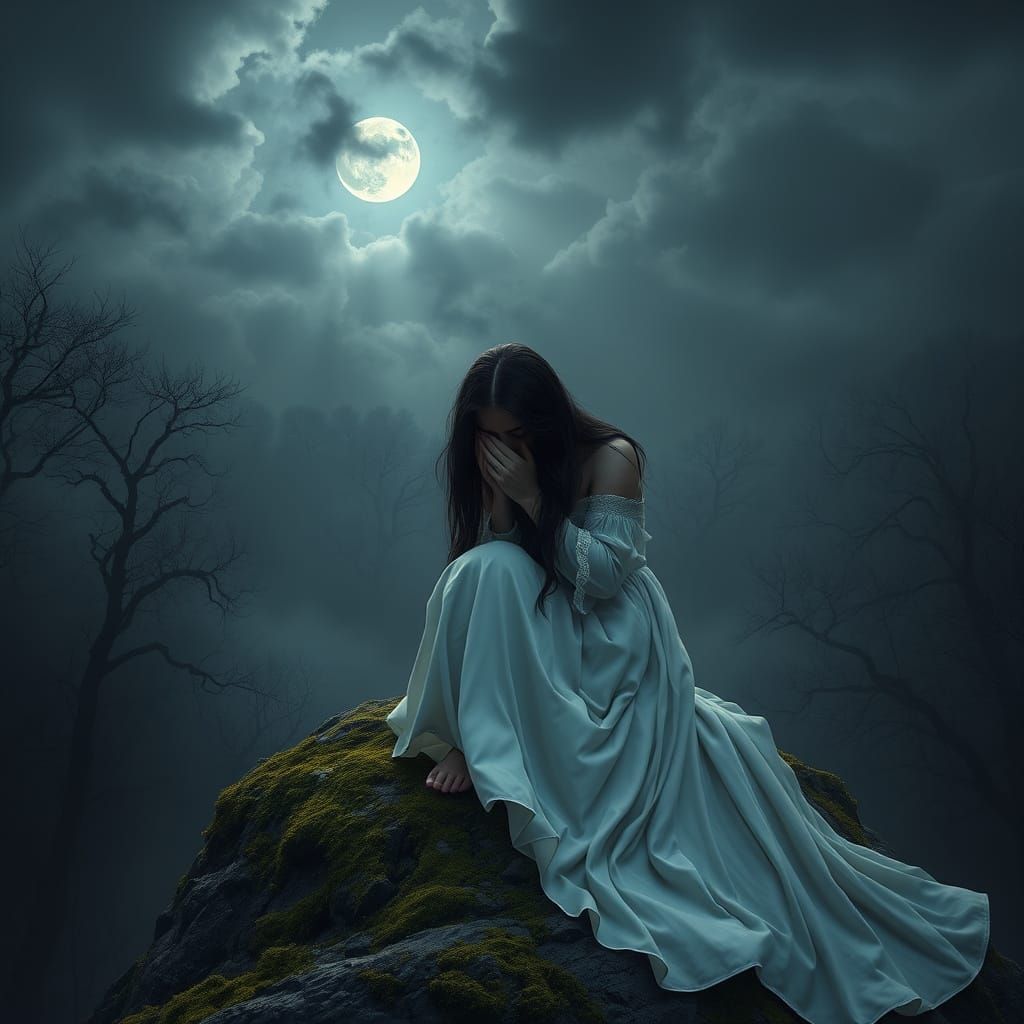 Ethereal Gothic Woman in a Haunting Landscape