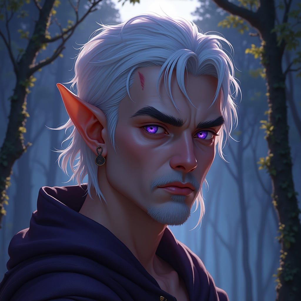 Mysterious Wild Elf in Moonlit Forest