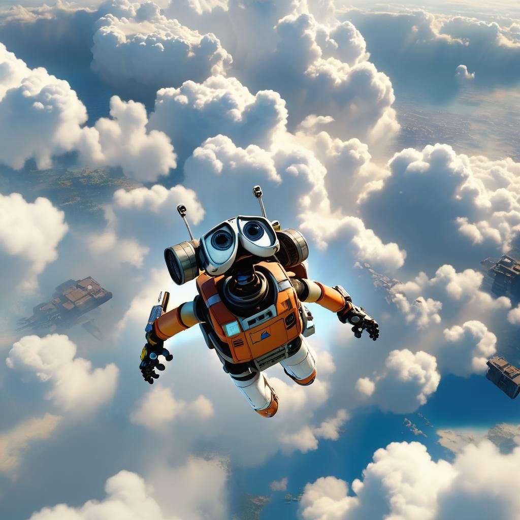 Robot Skydiving Among Clouds, Cinematic