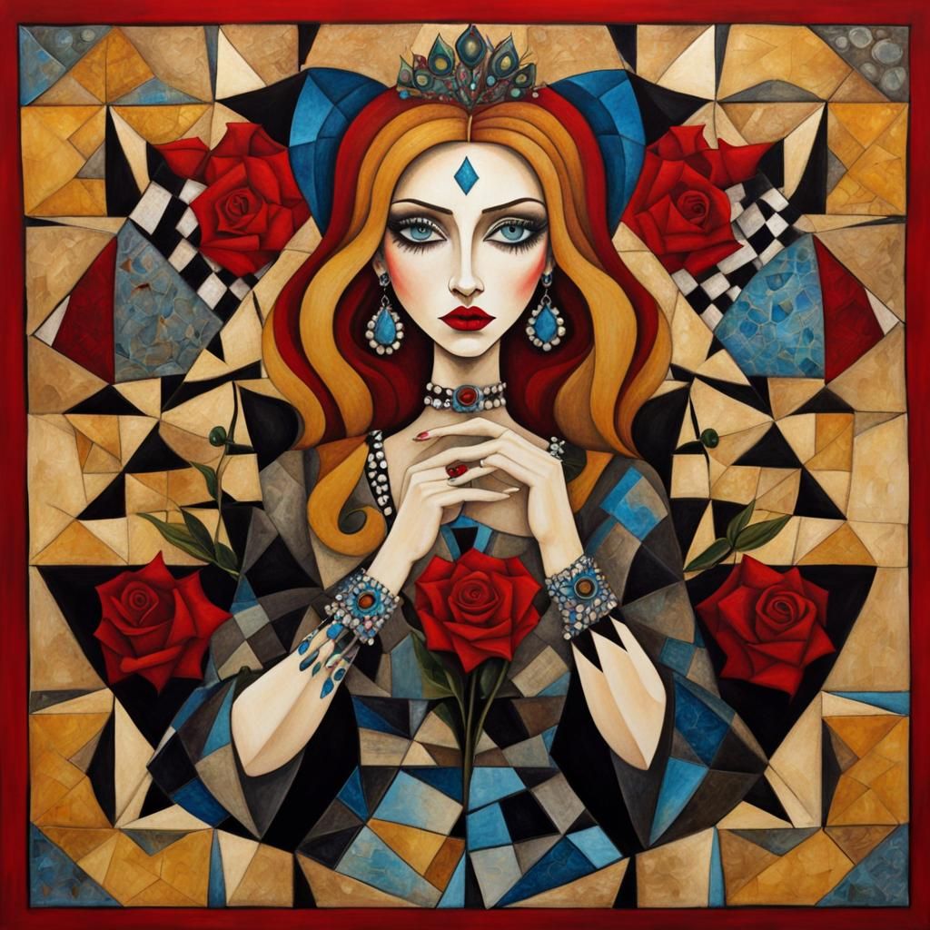 Cubist Girl in Batik Patchwork Style