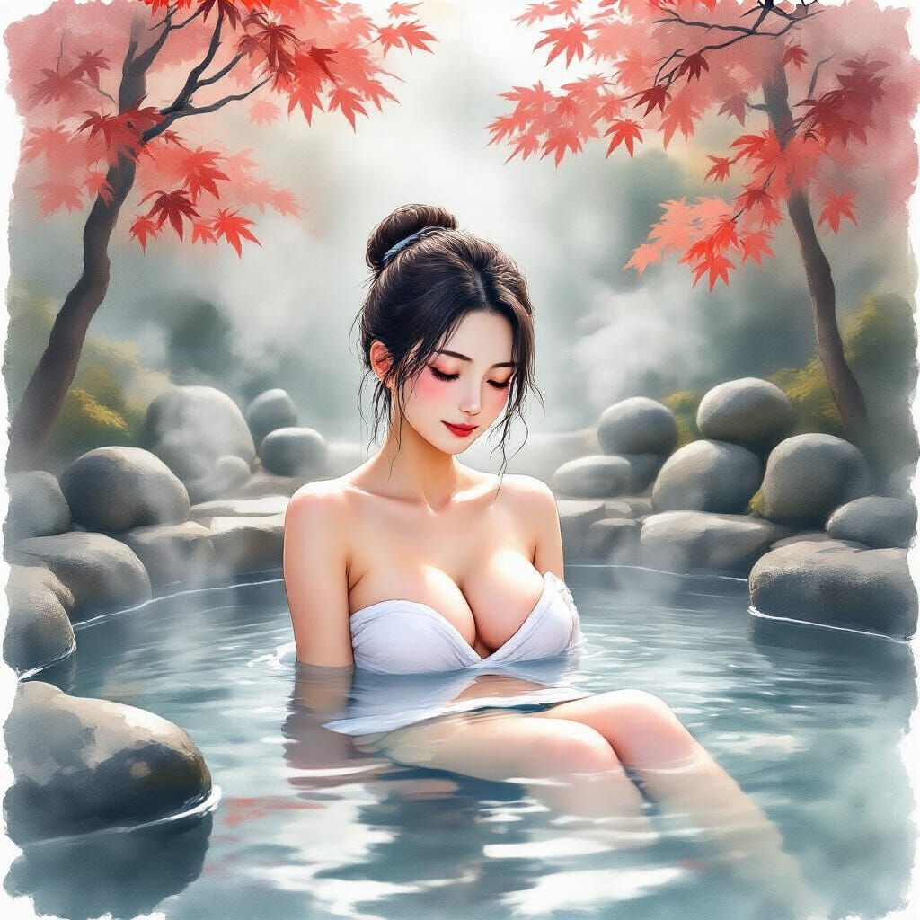 Japanese Woman in Hot Spring with Watercolor Effects