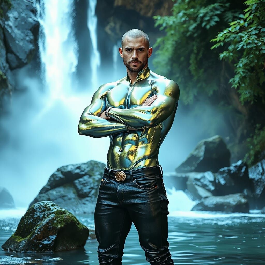 Chrome Bodybuilder Reflecting Nature in Futuristic Style