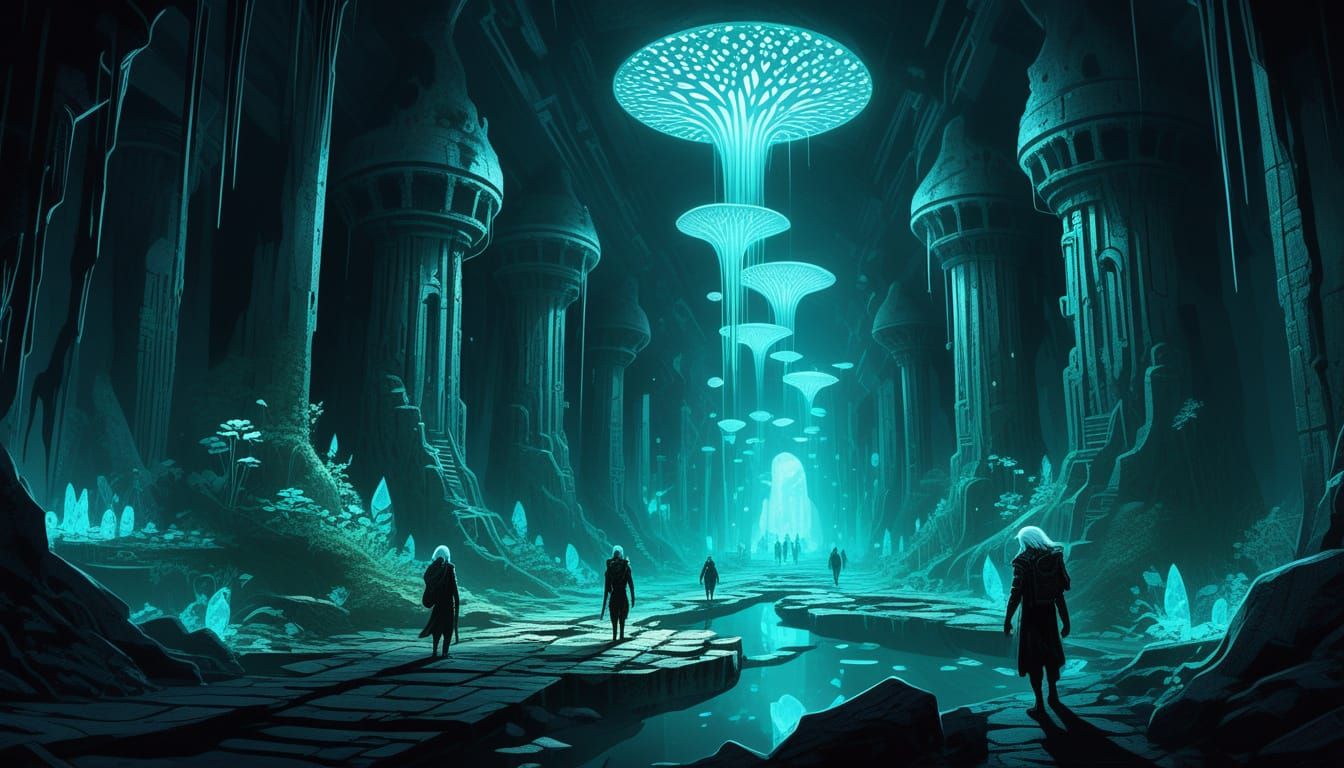 Humanoids Explore Glowing Subterranean City in Digital Paint...