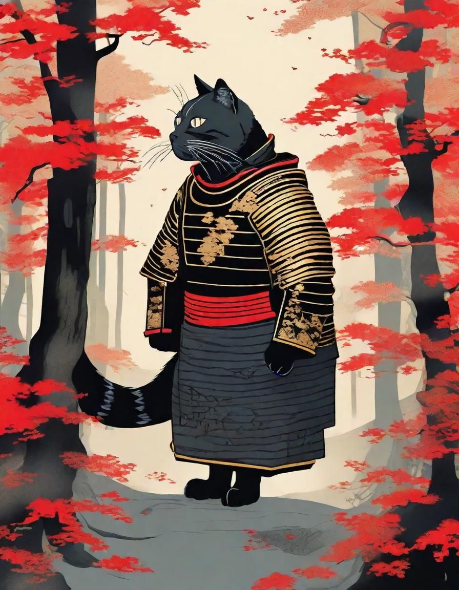 Samurai Cat in Misty Forest: Ukiyo-e Style