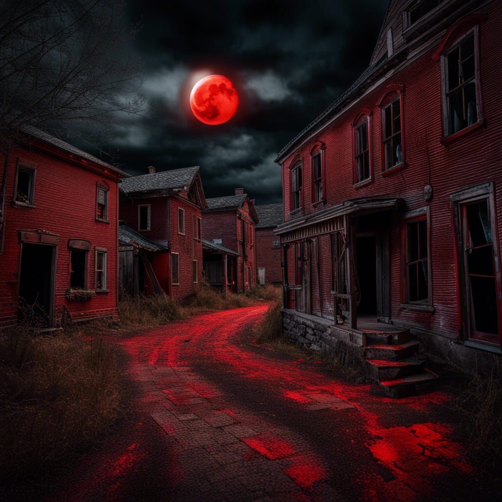 Haunted Village Under Blood Moon with Eerie Lights