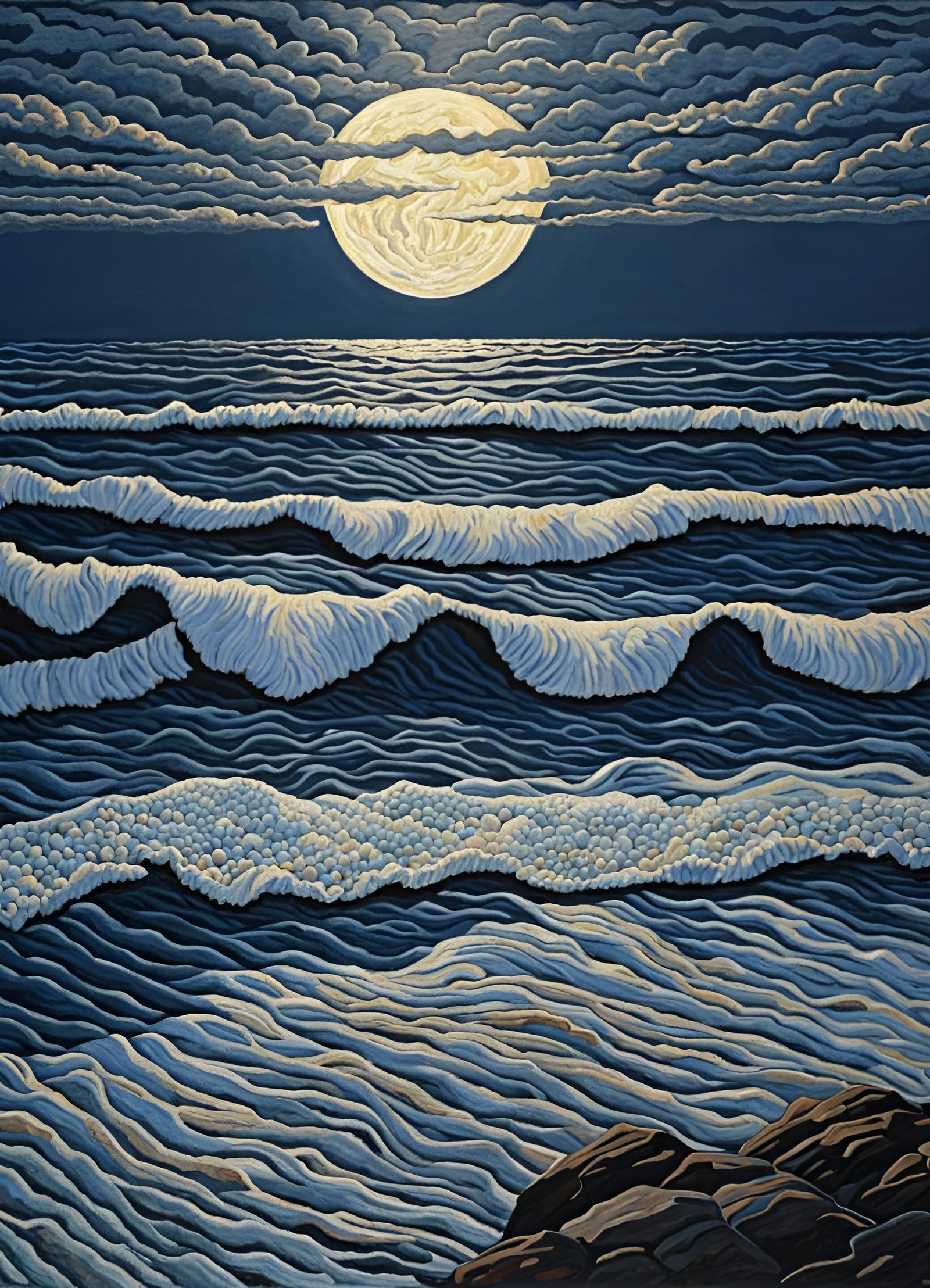 Moonlit Ocean: Acrylic Painting with Quilt Patterns