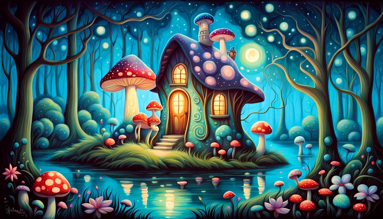 Enchanted Mushroom House in Forest with Animals