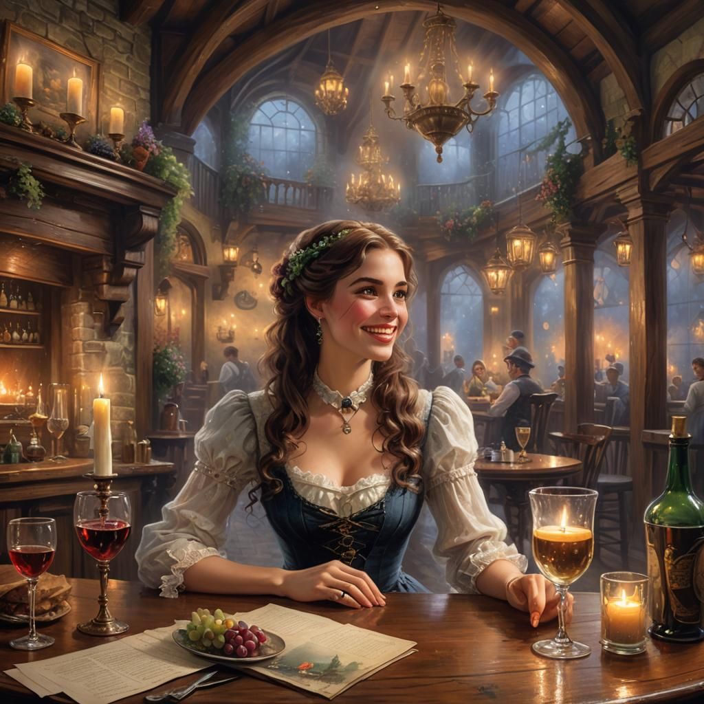 Victorian Tavern Scene with Girl Drinking Wine