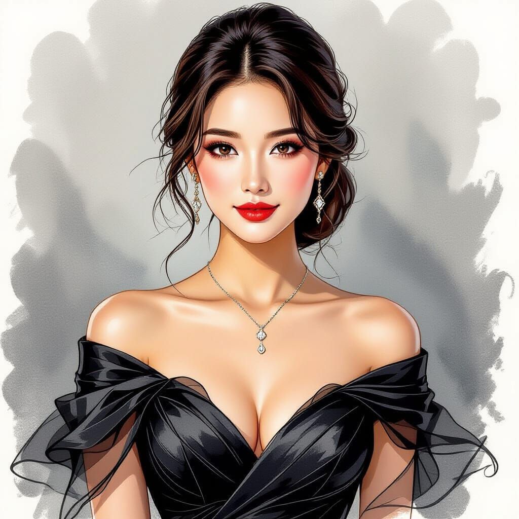 Elegant Woman Portrait in Black Ballpoint Pen Style