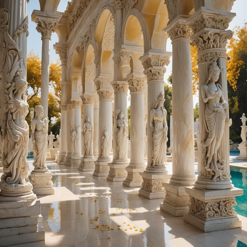 Vaporwave Marble Pillars and Pool with Statues