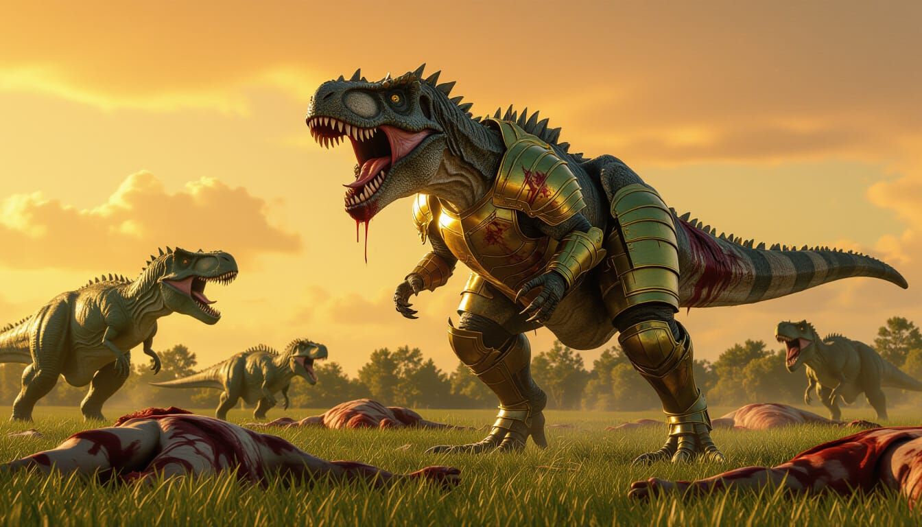Armored T-Rex Roars in Victory, Hyper-Realistic Art