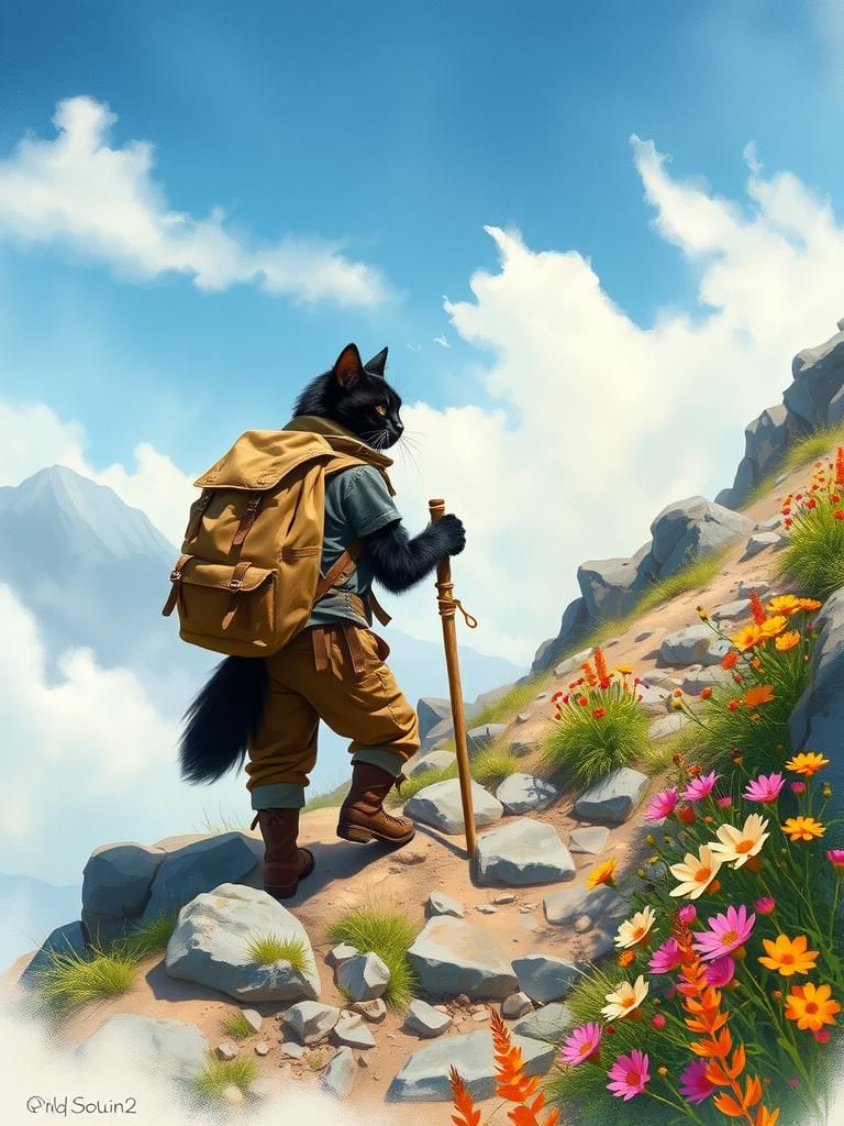 Black Cat's Mountain Hike in Mixed Media Style