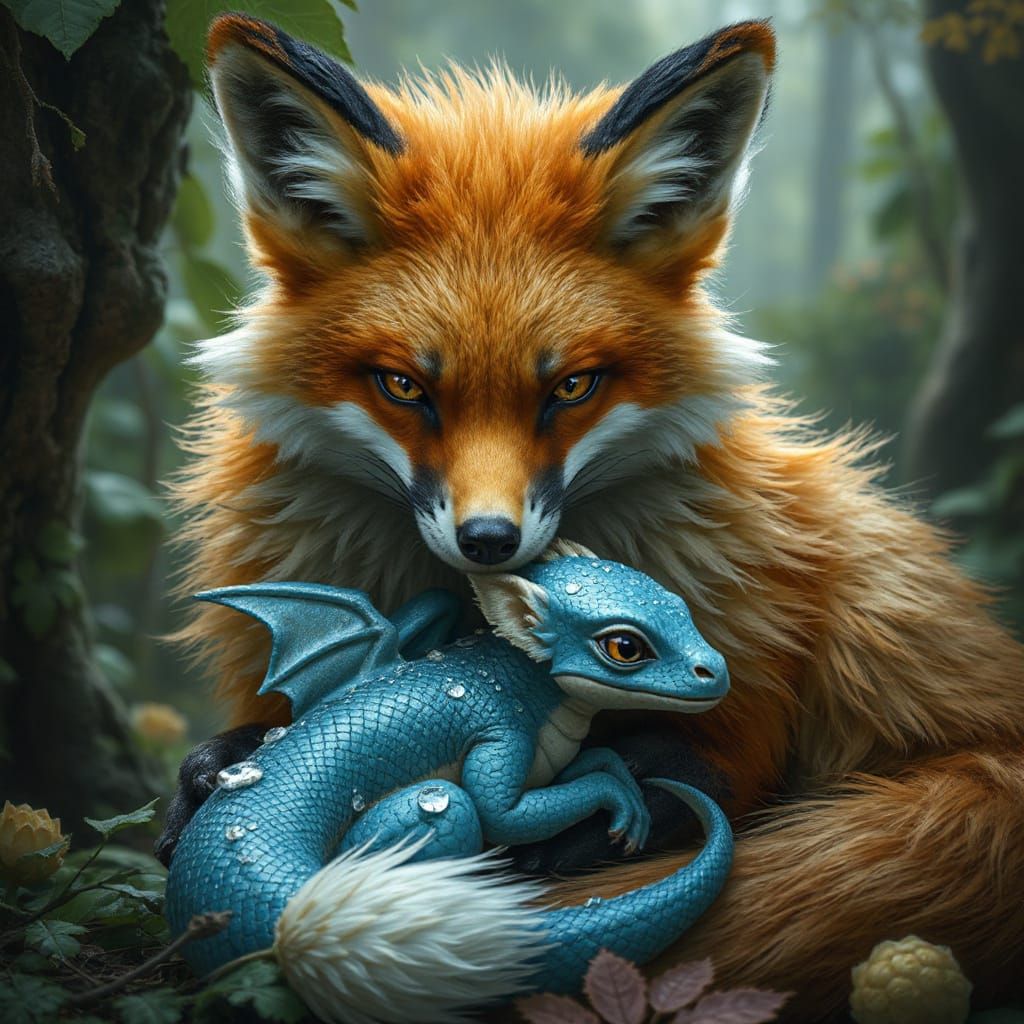 Fantasy Fox Nurses Dragon in Hyperrealistic Forest