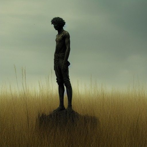 Lonely 3D Statue in Grassy Field