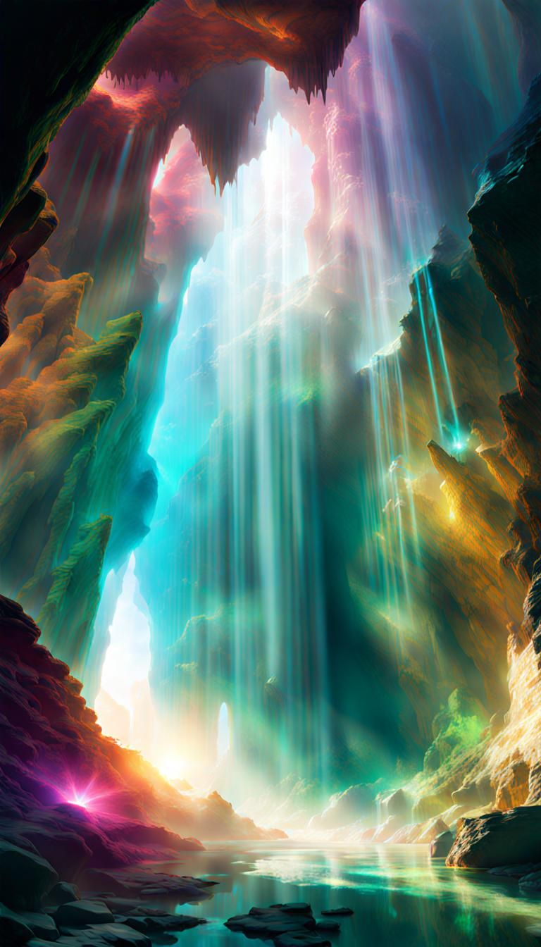 Iridescent Glass Cave with Light Beams