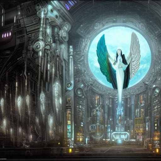 GLaDOS as Angelic Machine in Cyberpunk Ghibli Style