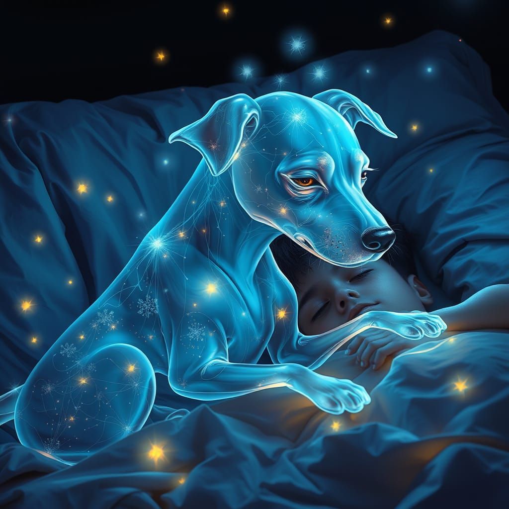 Ghost Dog Comforts Boy in Bed with Vivid Lights