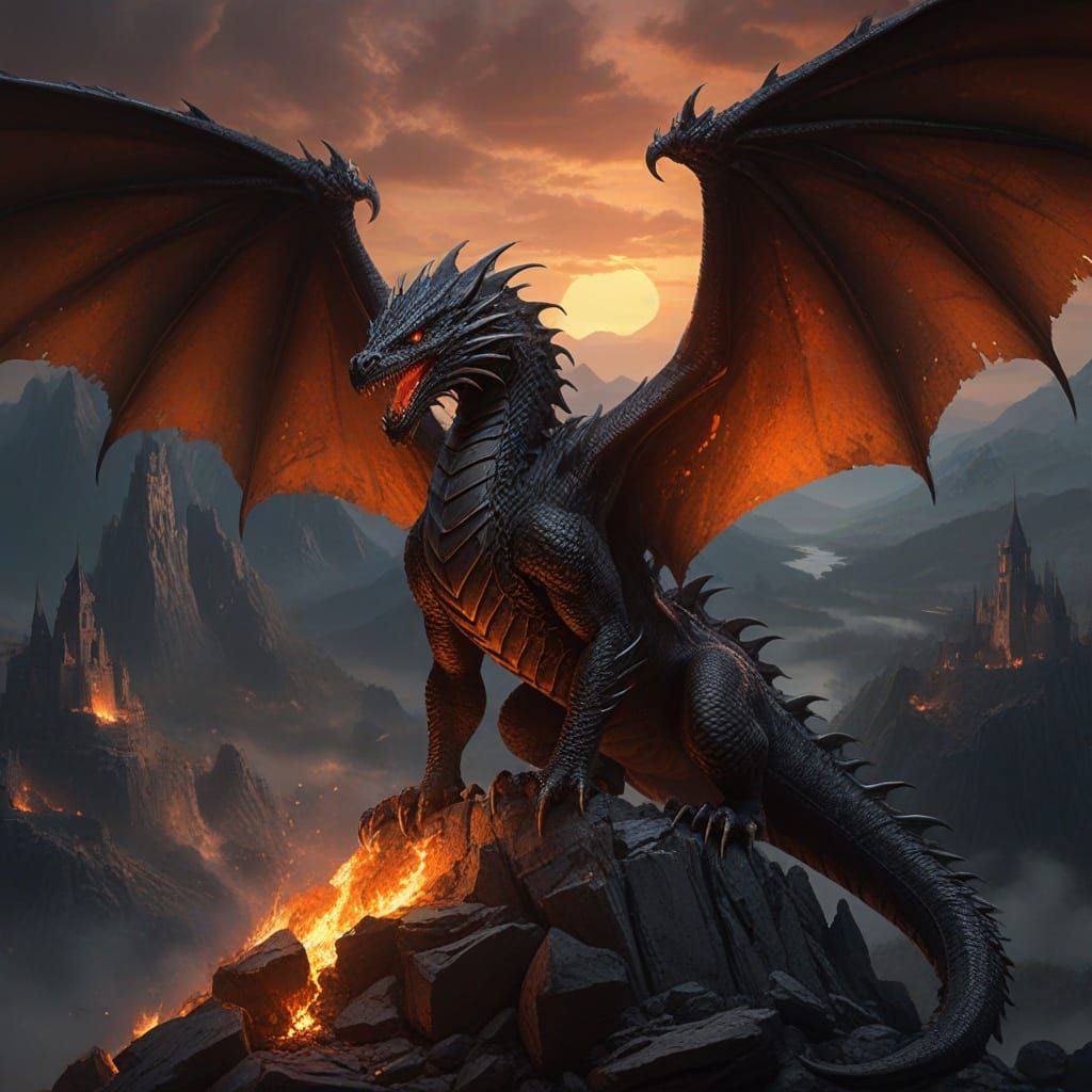 Fearsome Black Dragon Over Burning Village
