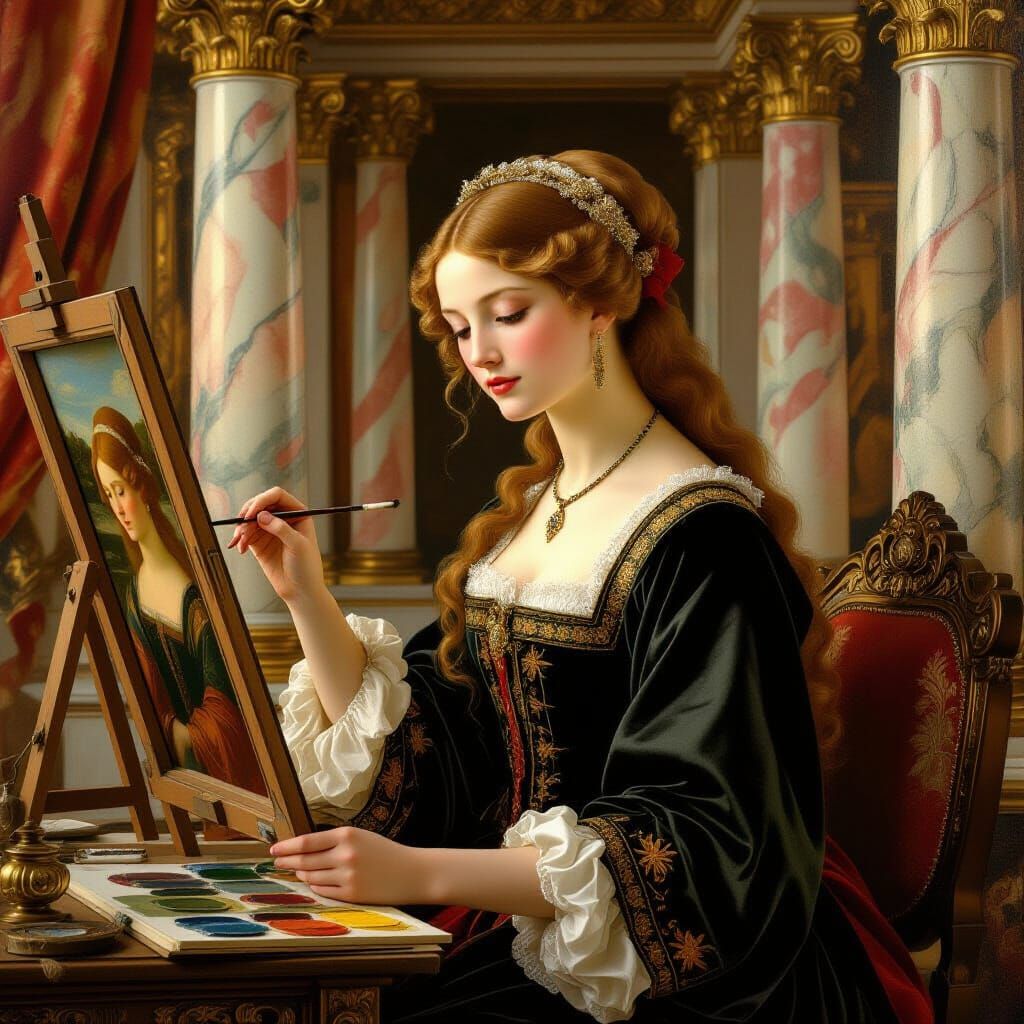 Elegant Painter Creates Self-Portrait as Botticelli Painting