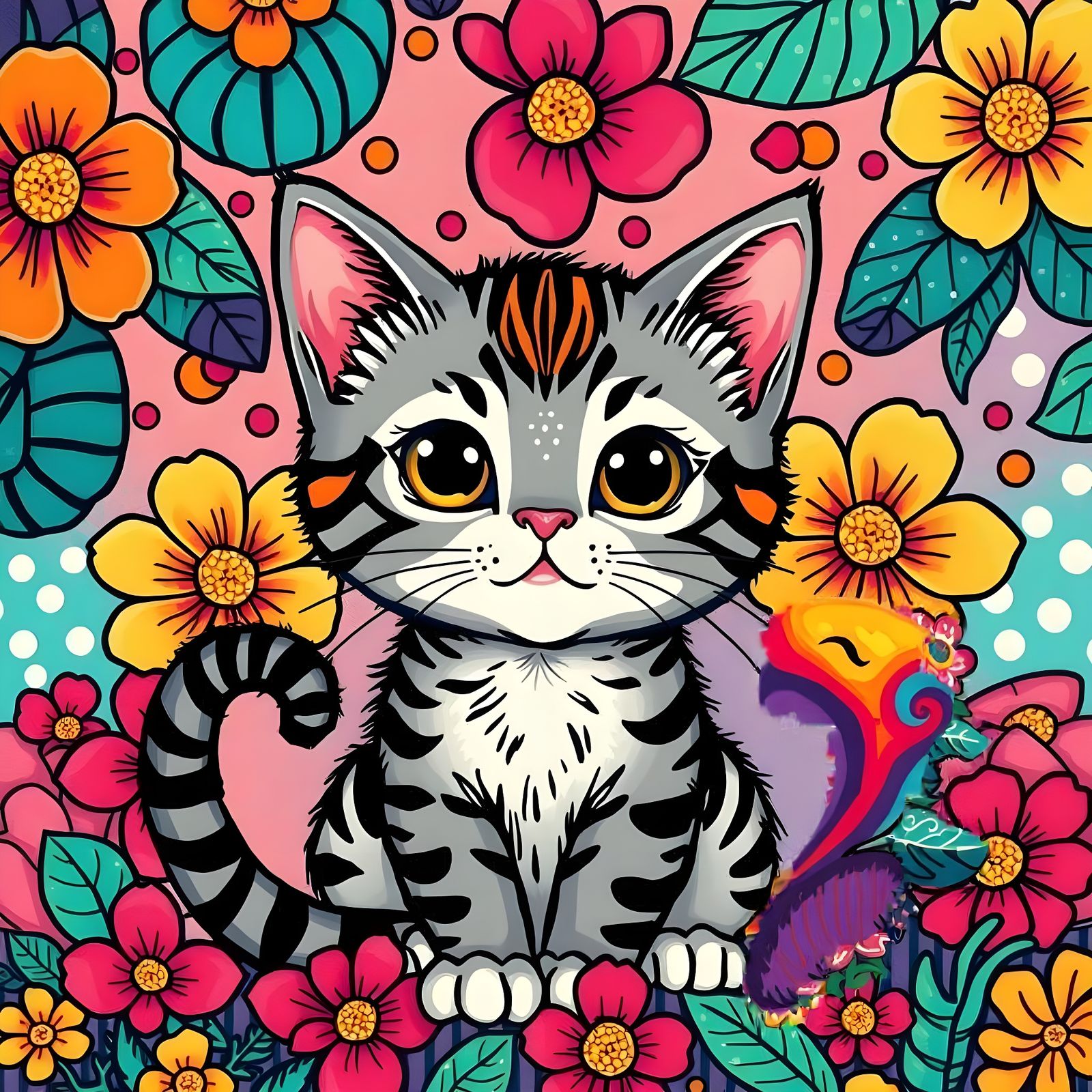 Colorful Kitten Illustration in Maximalist Style